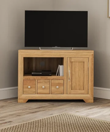 BEVEL Corner TV Unit Natural Solid Oak