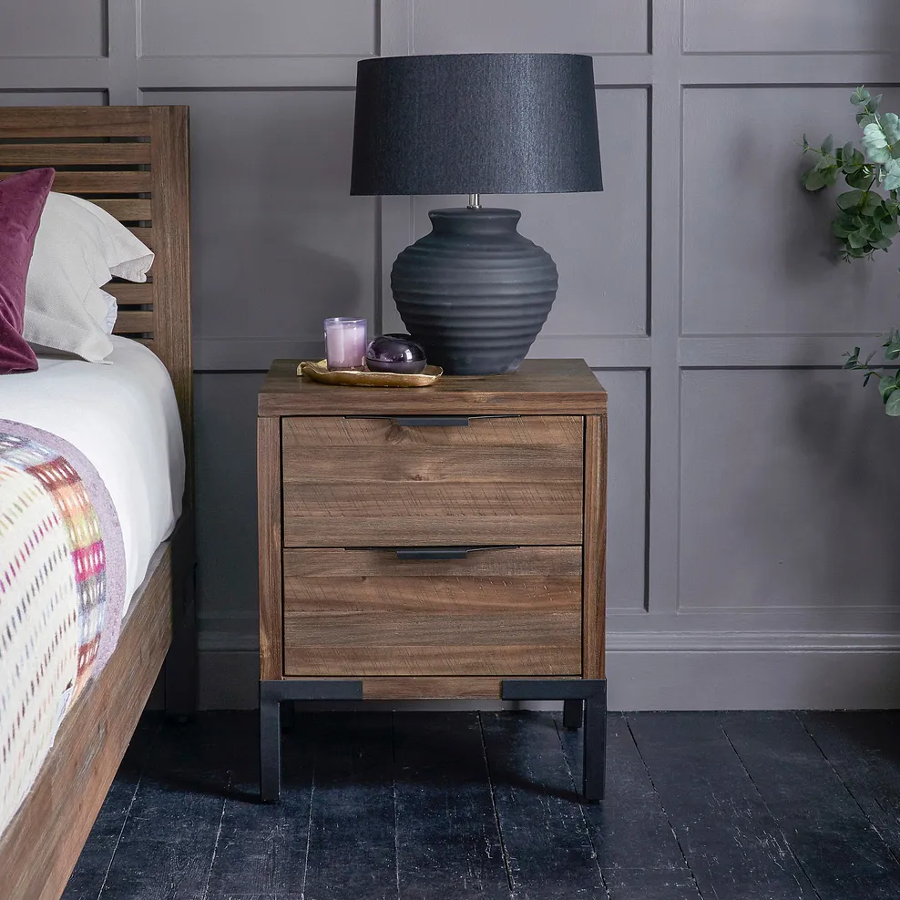 DETROIT 2 Drawer Bedside Table Solid Hardwood & Metal