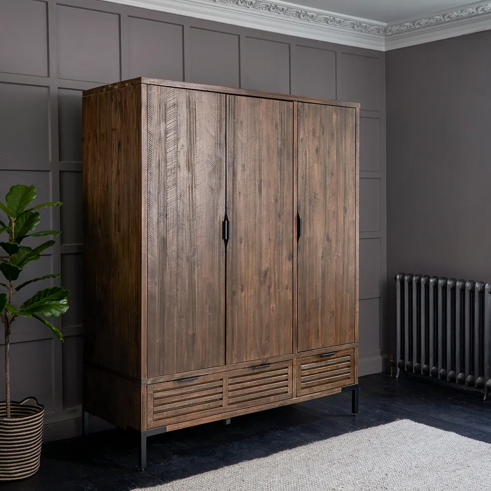 DETROIT Triple Wardrobe Solid Hardwood & Metal