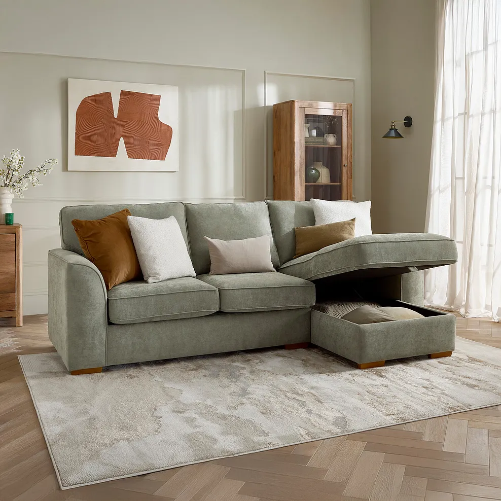 EASTLEY Right Hand Chaise Sofa with Storage Limoge Green Fabric