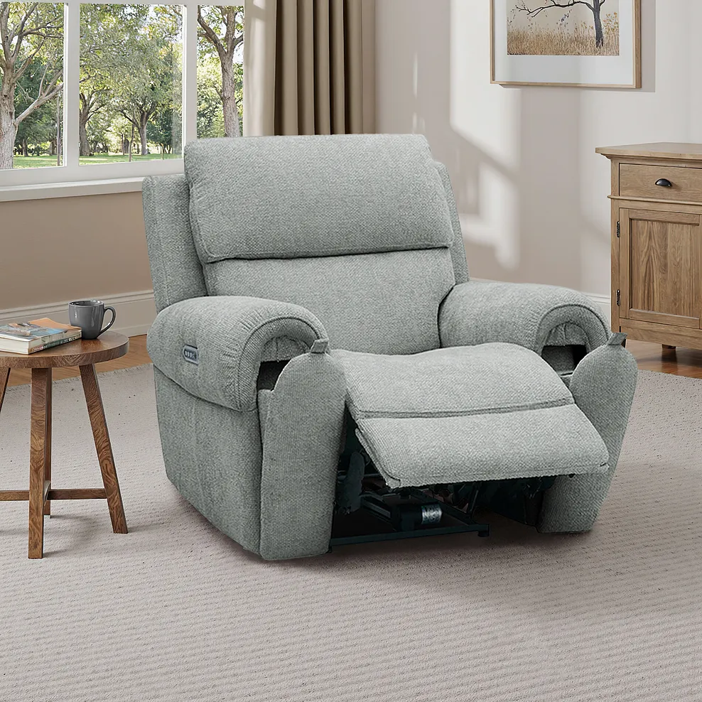 EZRA Electric Recliner Armchair with Power Headrest Hopsack Platinum Fabric
