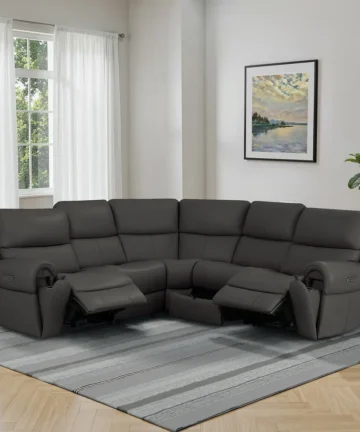 EZRA Modular 5 Seat Corner Recliner & Power Headrests and Storage Storm Leather