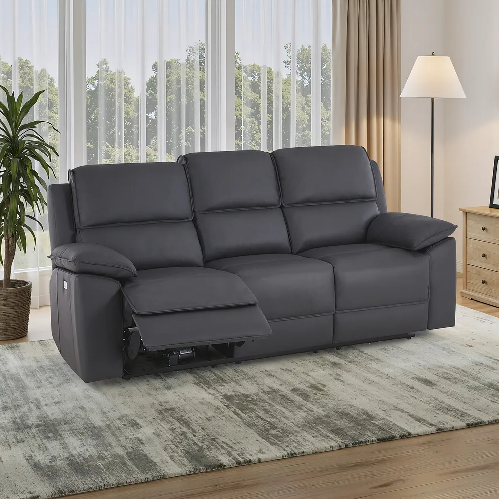 GOODWOOD 3 Seater Electric Recliner Sofa Dark Grey Leather
