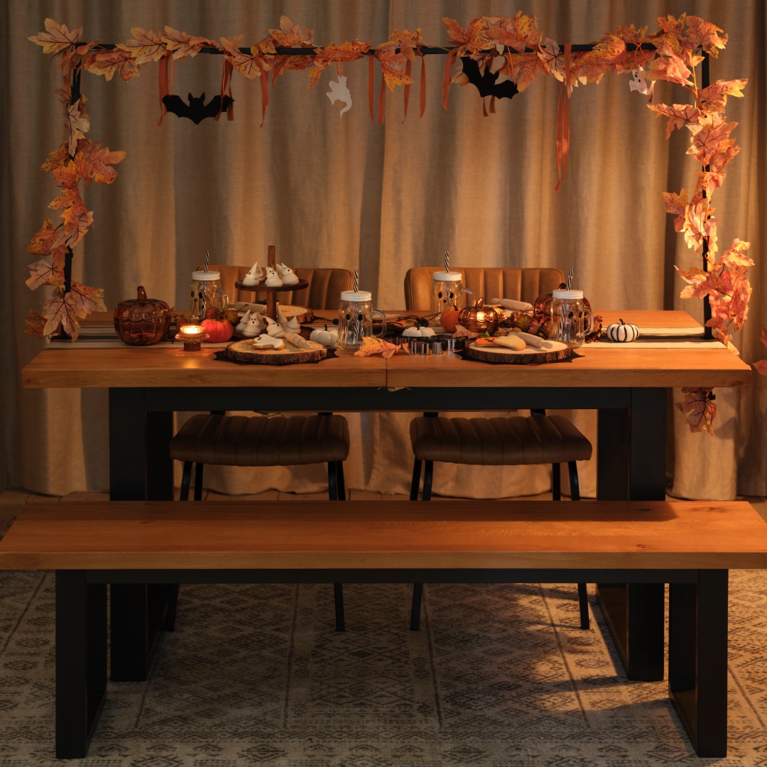 MAINE Extending Dining Table with 1 Bench & 2 Chairs Natural Solid Oak & Metal - Image 13