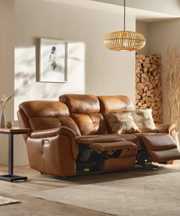 IVER 3 Seater Electric Recliner Sofa with Power Headrests Virgo Cognac Leather