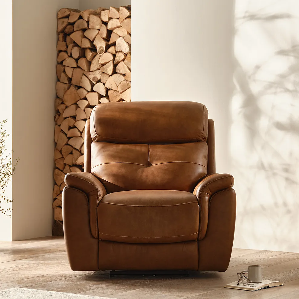 IVER Electric Recliner Armchair with Power Headrest Virgo Cognac Leather - Image 6