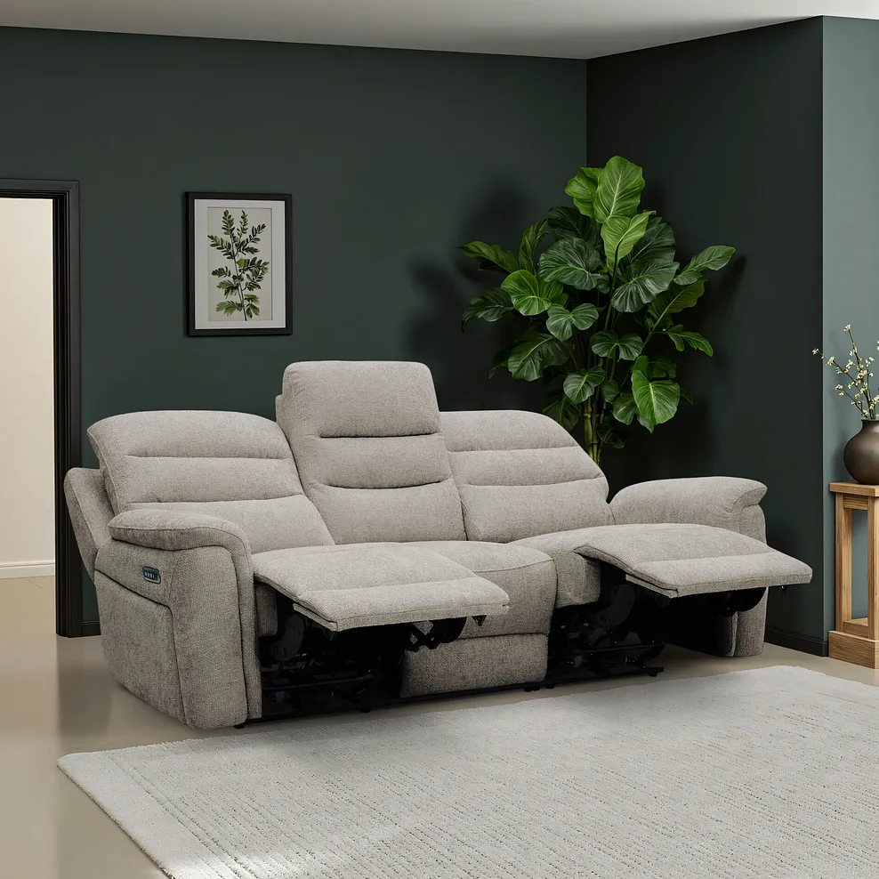 JARROD 3 Seater Recliner Sofa with Power Headrest & Lumbar Support Hopsack Linen Fabric