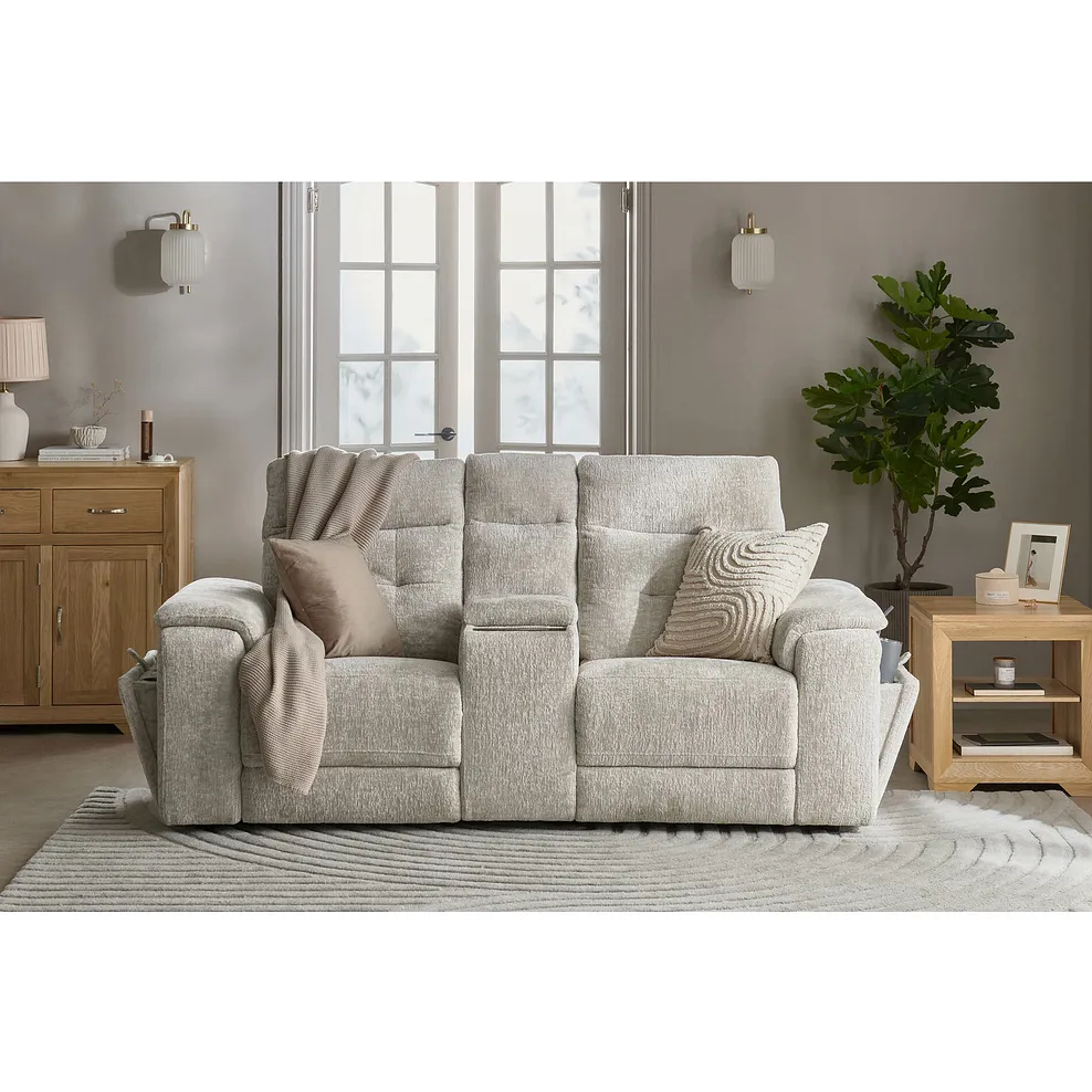 JUNO 2 Seater Recliner with Power Headrests & Wireless Charger Koto Turtle Dove Fabric
