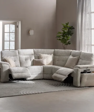 JUNO Large Corner Recliner, Power Headrests & Wireless Charger Koto Turtle Dove Fabric