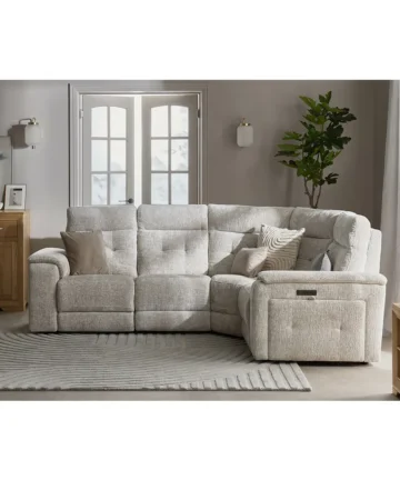 JUNO Left Hand Corner Recliner with Power Headrests Koto Turtle Dove Fabric