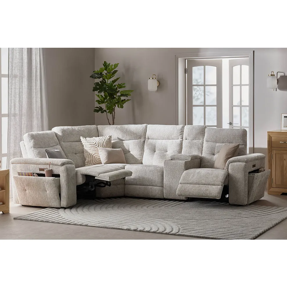 JUNO Right Hand Corner Recliner, Power Headrest & Wireless Charge Koto Turtle Dove Fabric - Image 3