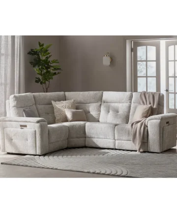 JUNO Right Hand Corner Recliner with Power Headrests Koto Turtle Dove Fabric