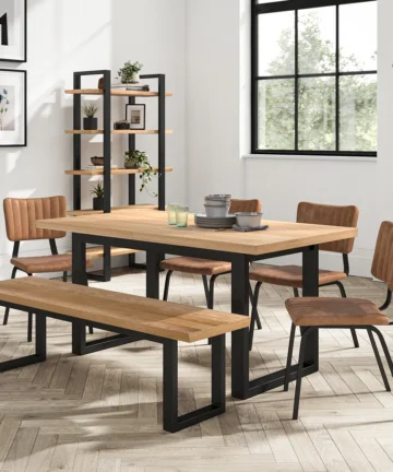 MAINE Extending Dining Table with 1 Bench & 4 Chairs Natural Solid Oak & Metal