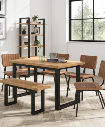 MAINE Dining Table with 1 Bench & 4 Chairs Natural Solid Oak & Metal