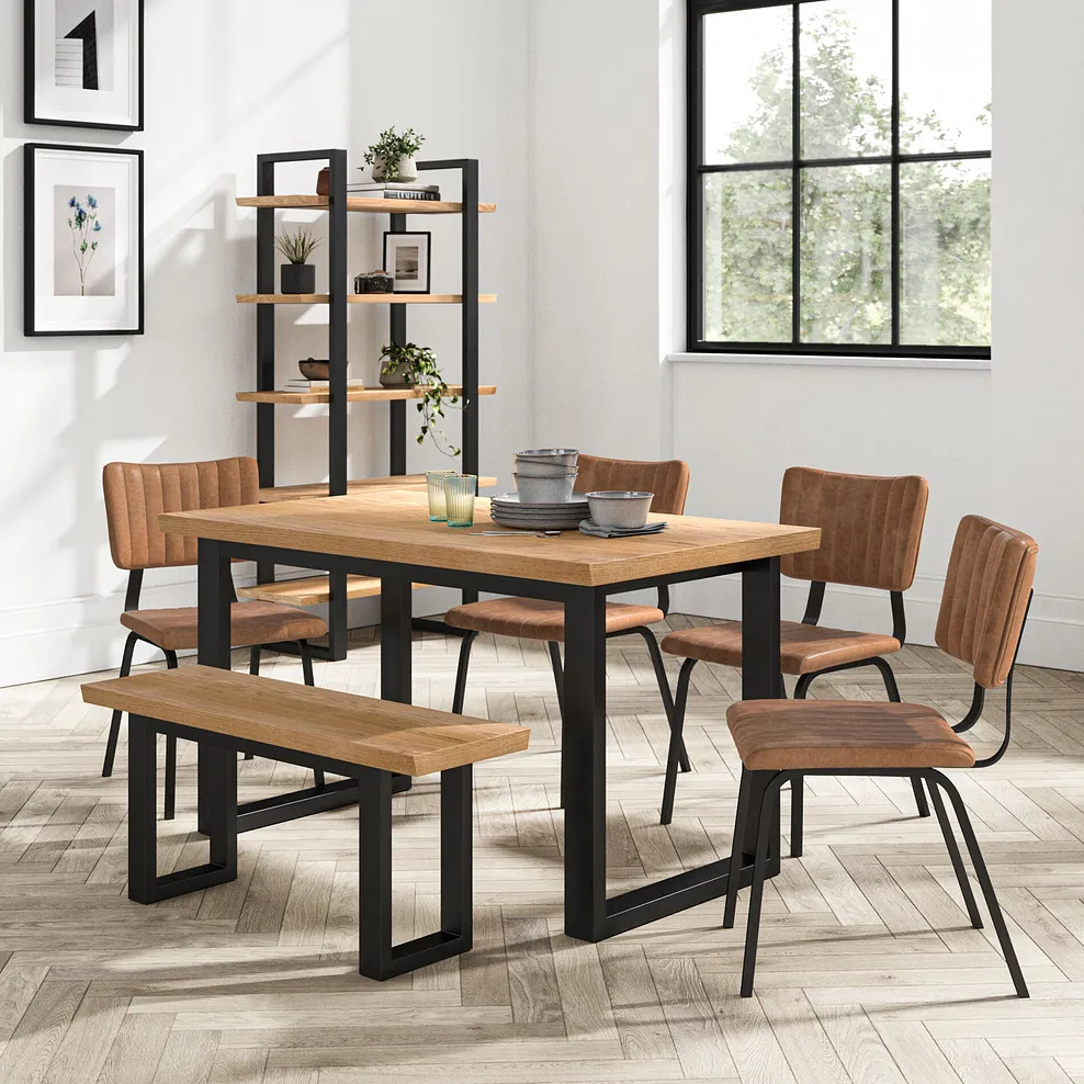 MAINE Dining Table with 1 Bench & 4 Chairs Natural Solid Oak & Metal
