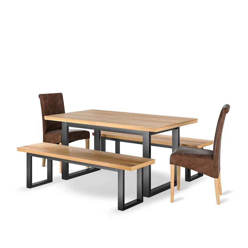 MAINE Extending Dining Table with 2 Benches and 2 Chairs Natural Oak & Metal - Image 2