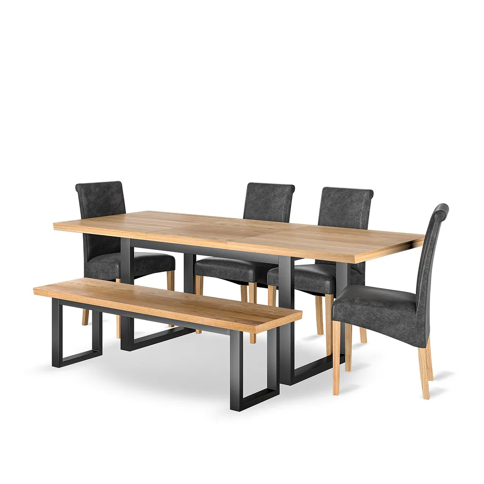 MAINE Extending Dining Table with 1 Bench and 4 Chairs Natural Oak & Metal - Image 2