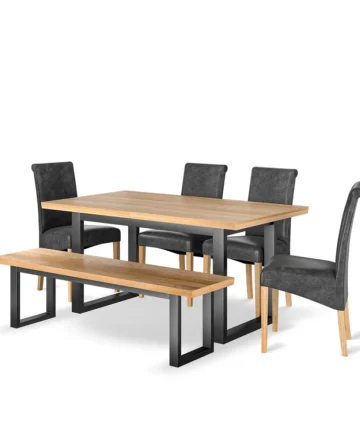 MAINE Extending Dining Table with 1 Bench and 4 Chairs Natural Oak & Metal