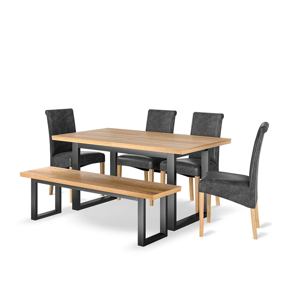 MAINE Extending Dining Table with 1 Bench and 4 Chairs Natural Oak & Metal