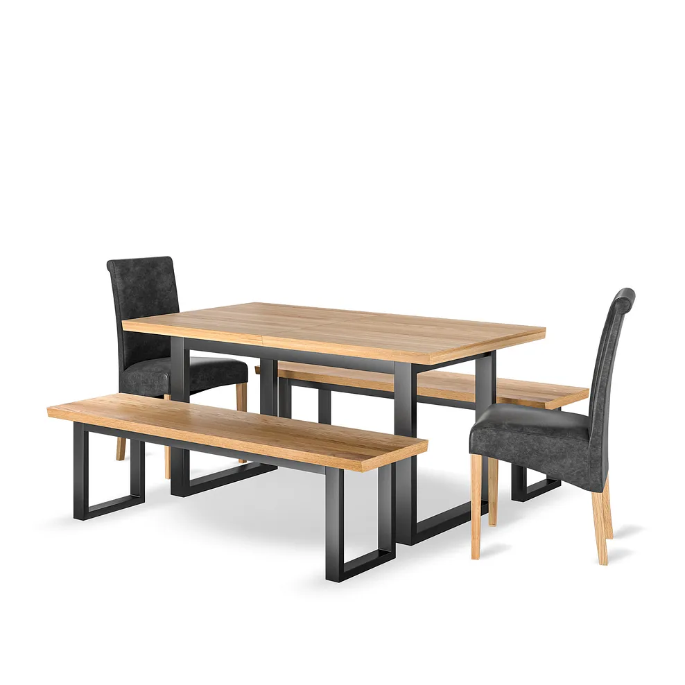 MAINE Extending Dining Table with 2 Benches and 2 Chairs Natural Oak & Metal - Image 2