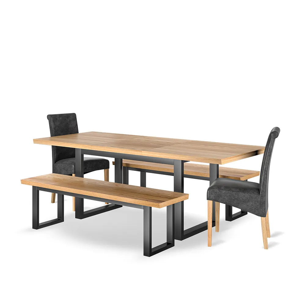 MAINE Extending Dining Table with 2 Benches and 2 Chairs Natural Oak & Metal