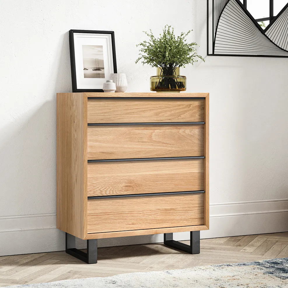 MAINE 4 Drawer Chest Natural Solid Oak & Metal - Image 3