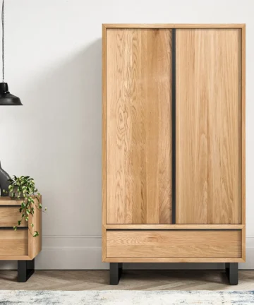 MAINE Double Wardrobe Natural Solid Oak & Metal
