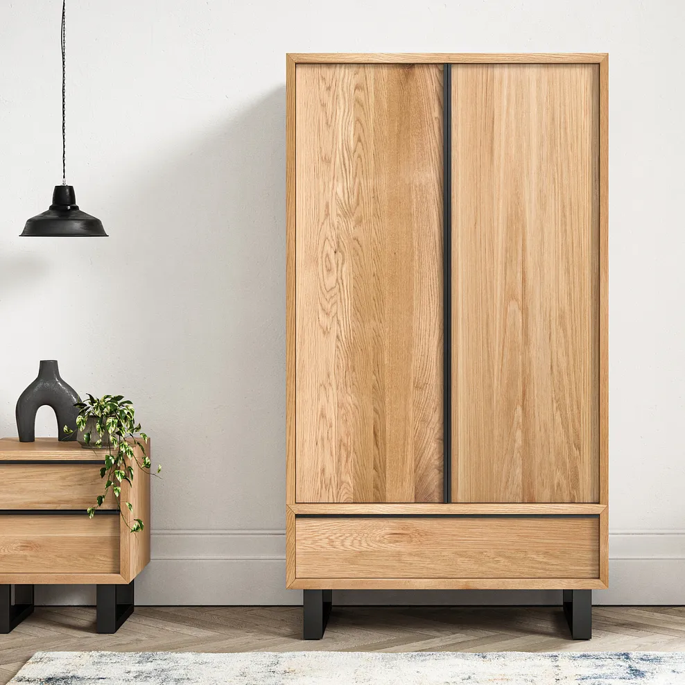 MAINE Double Wardrobe Natural Solid Oak & Metal