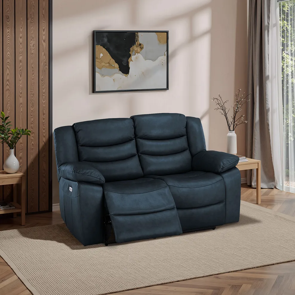 MARLOW 2 Seater Electric Recliner Sofa Blue Leather