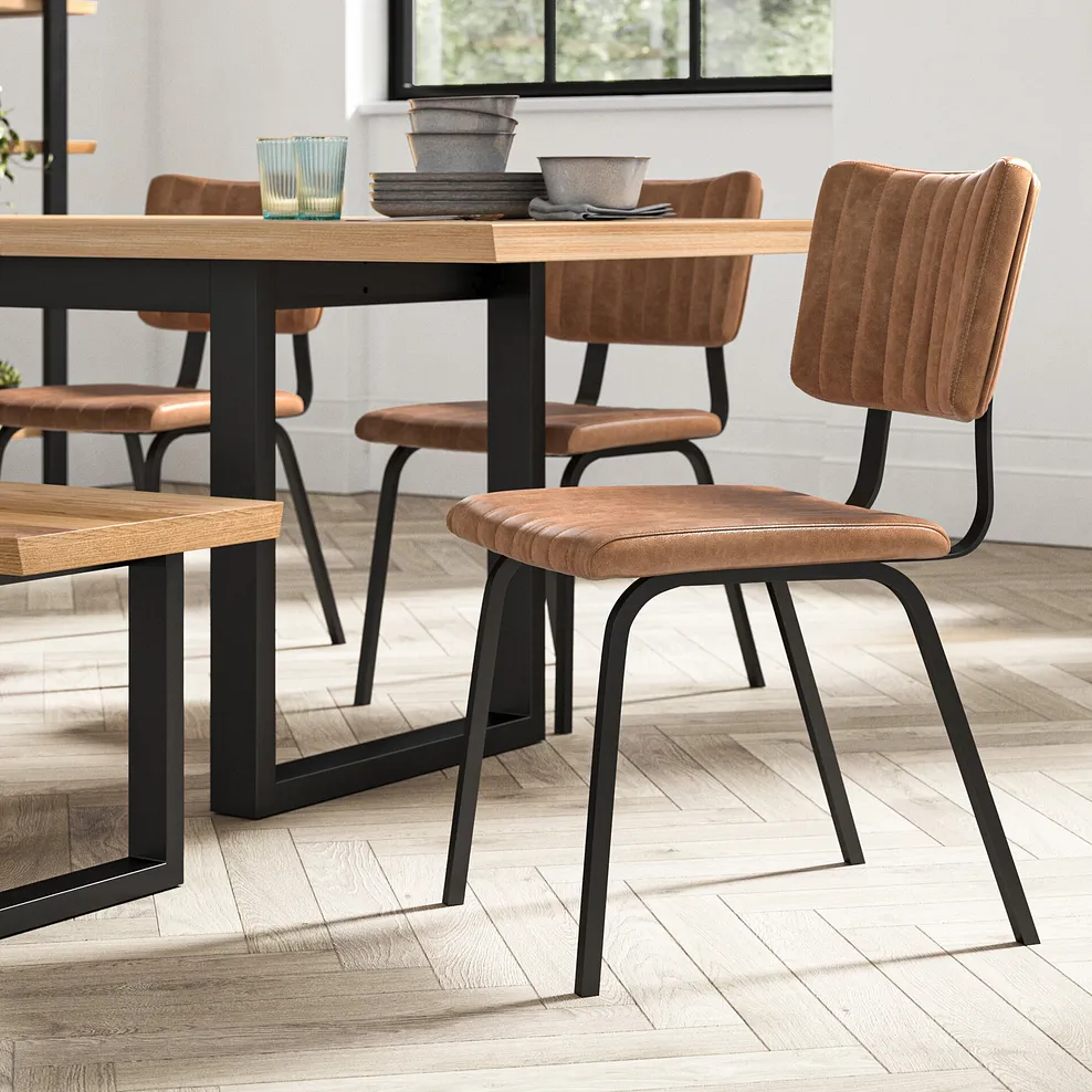 MASON Vintage Tan Leather-look Dining Chair Black Metal - Image 3