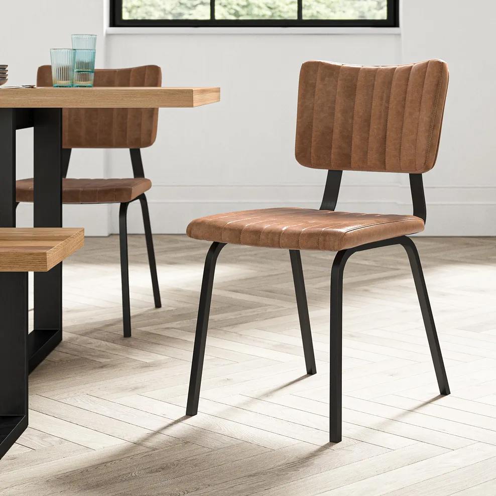 MASON Vintage Tan Leather-look Dining Chair Black Metal