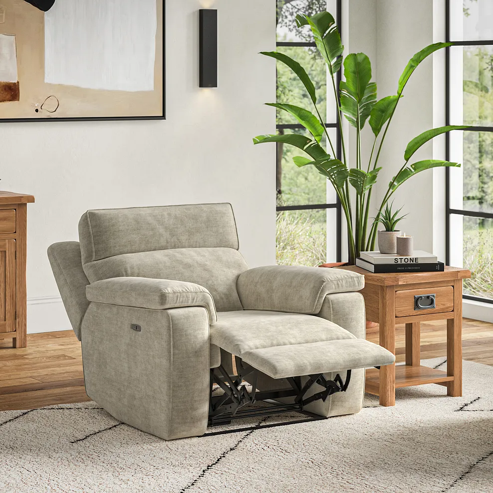 SELBY Electric Recliner Armchair with Power Headrest Plush Beige Fabric