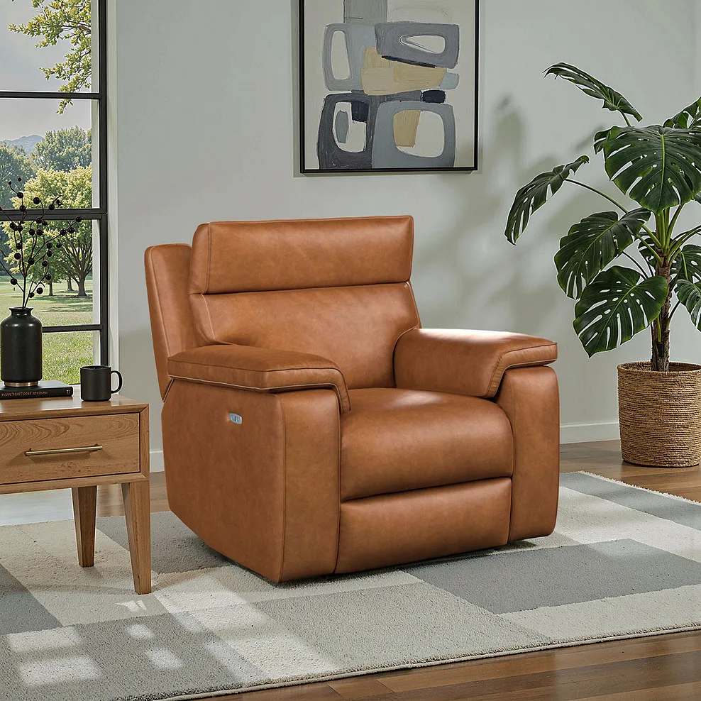 SELBY Electric Recliner Armchair with Power Headrest Virgo Cognac Leather