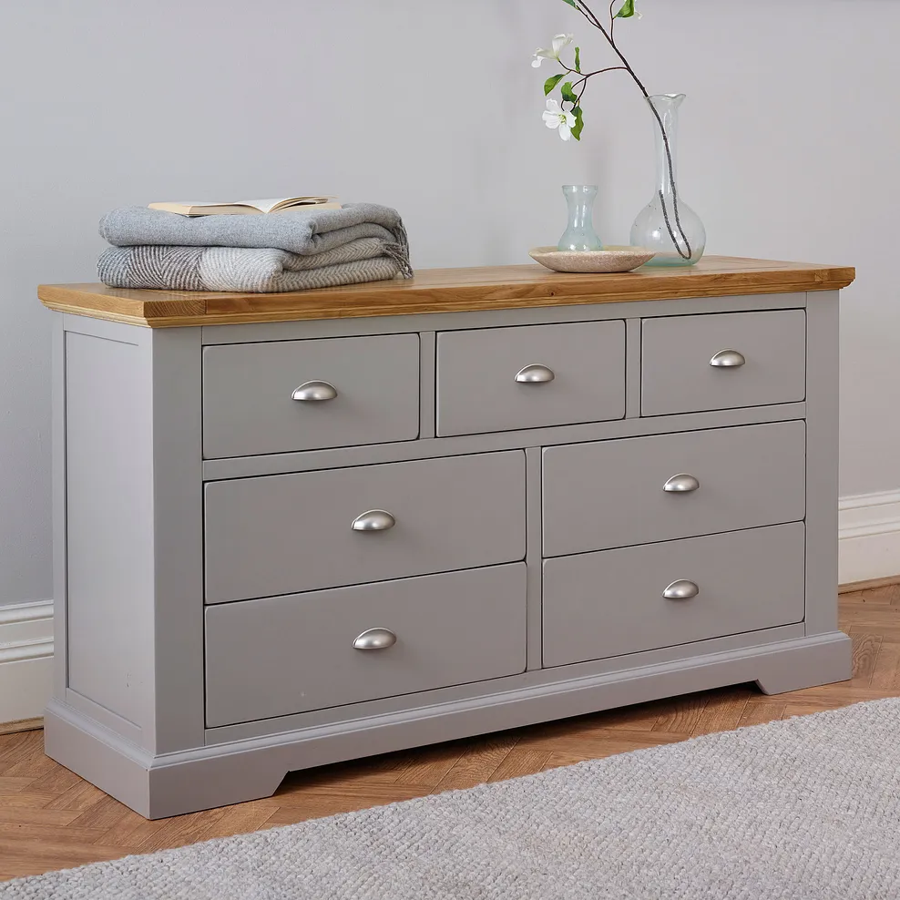 ST. IVES 7 Drawer Chest Natural Solid Oak & Grey Paint