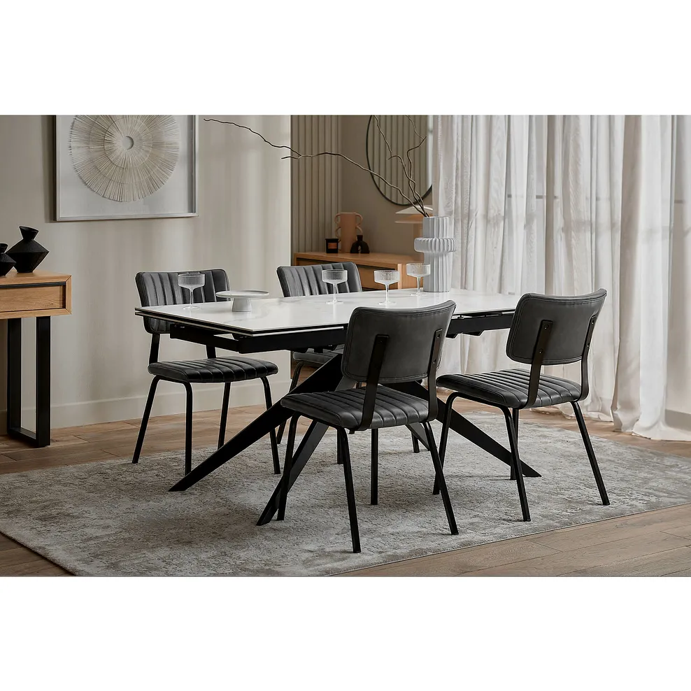 TRENTO 6-8 Seater Extendable Dining Table White Ceramic and Black Metal - Image 3