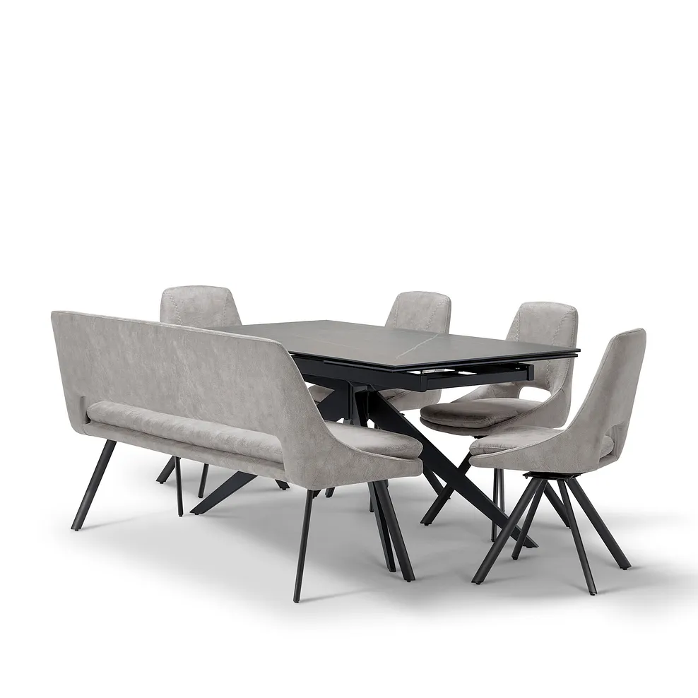 TRENTO Extending Dining Table with 1 Bench and 4 Chairs Grey Ceramic - Image 2