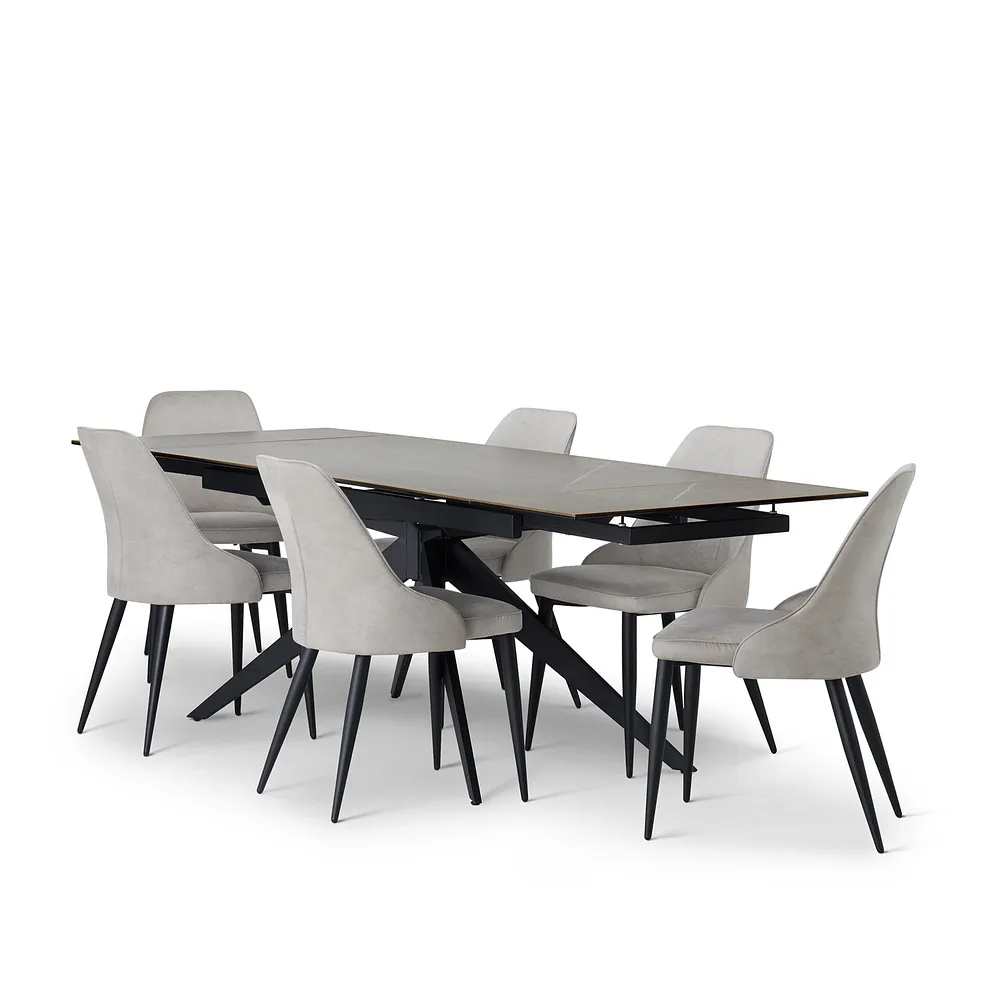 TRENTO Extending Dining Table with 6 Chairs Grey Ceramic - Image 4