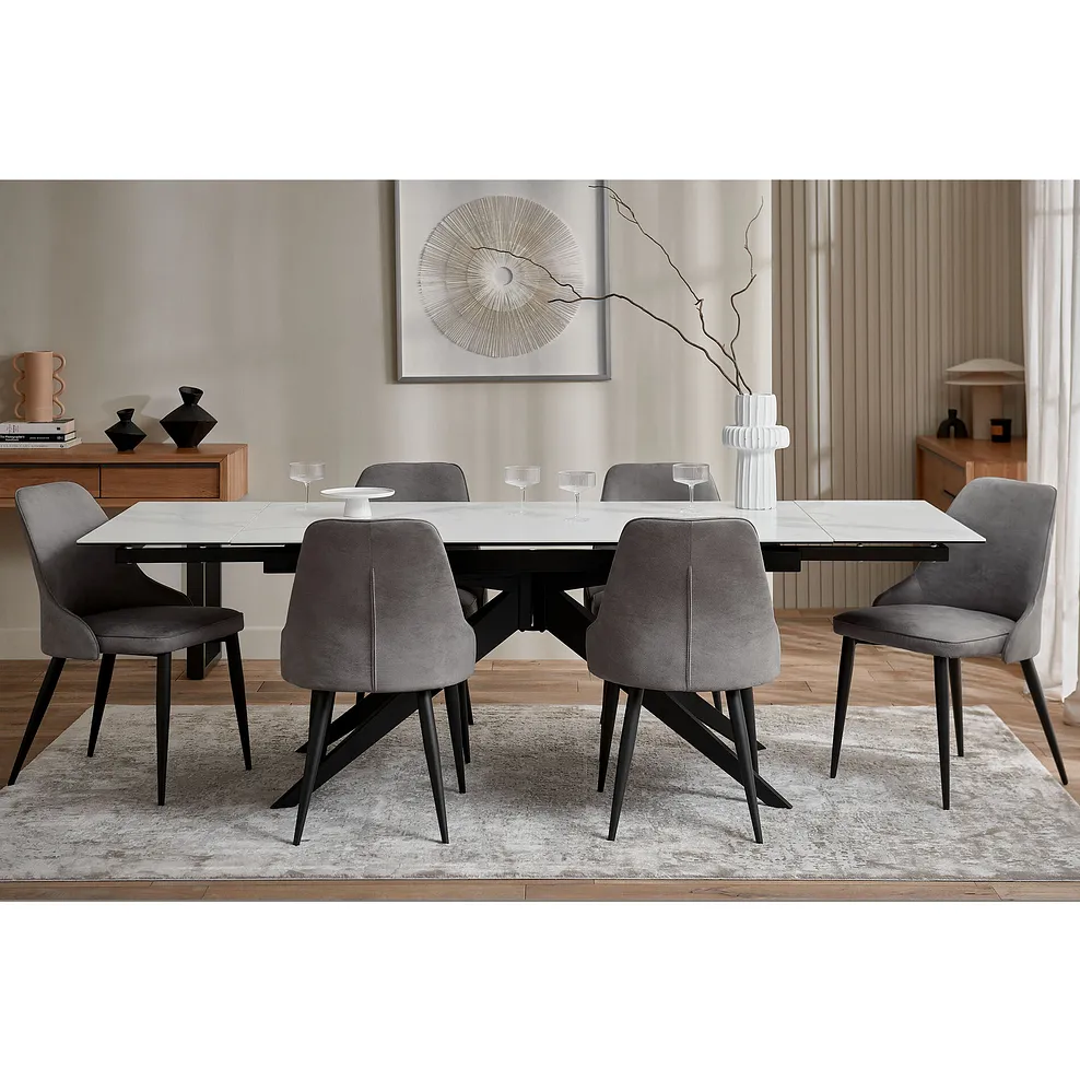 TRENTO Extending Dining Table with 6 Chairs White Ceramic - Image 3