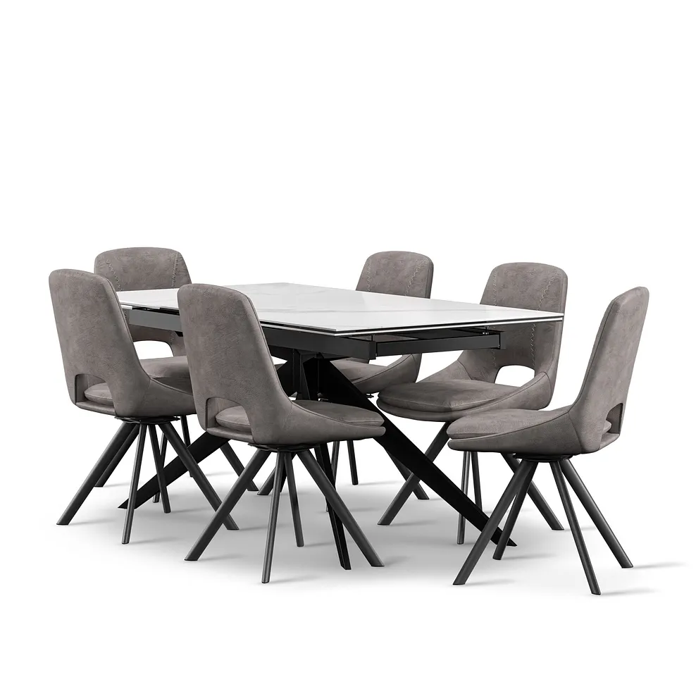TRENTO Extending Dining Table with 6 Chairs White Ceramic - Image 2
